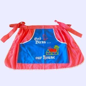 Vintage Artistic Creation God Bless Our House Gingham Pocket Half Apron